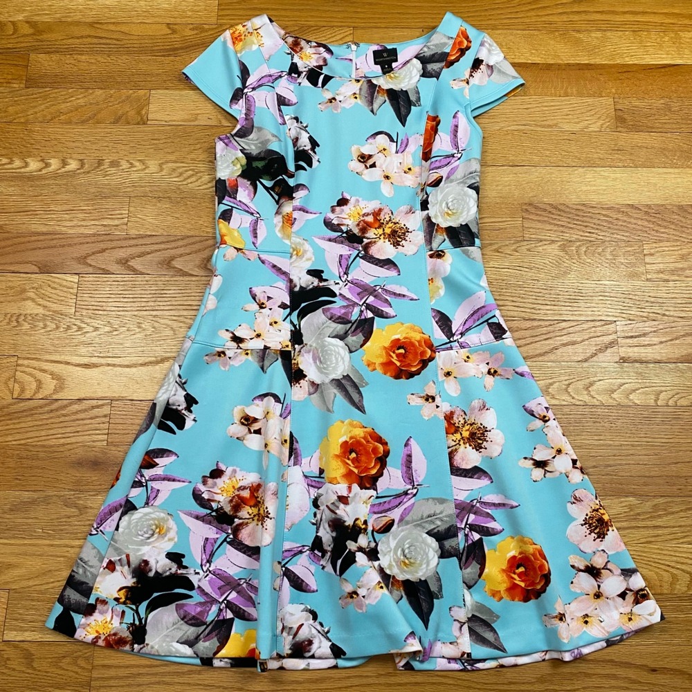 Worthington Floral Fit and Flare Dress Womens 8 Blue Cap Sleeve Garden Party